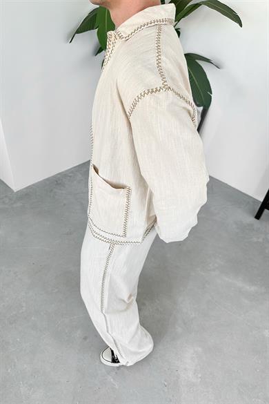 Krem Nakışlı Premium Keten Oversize Ceket
