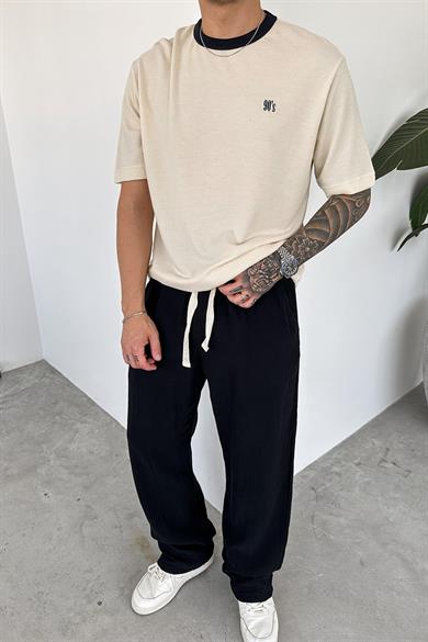 Krem Old Money 90s İnce Fitilli Oversize Tişört