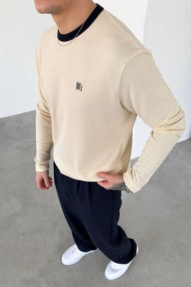 Krem Old Money 90s İnce Fitilli Oversize Uzun Kollu Tişört
