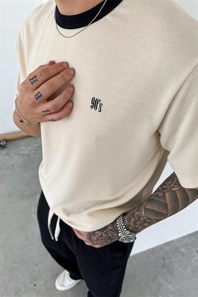Krem Old Money 90s İnce Fitilli Oversize Tişört