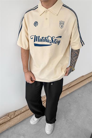 Krem Old Money MatchaStory Baskılı Oversize Polo Yaka Tişört
