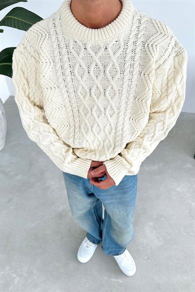 Krem Örgü Desen Oversize Triko Kazak