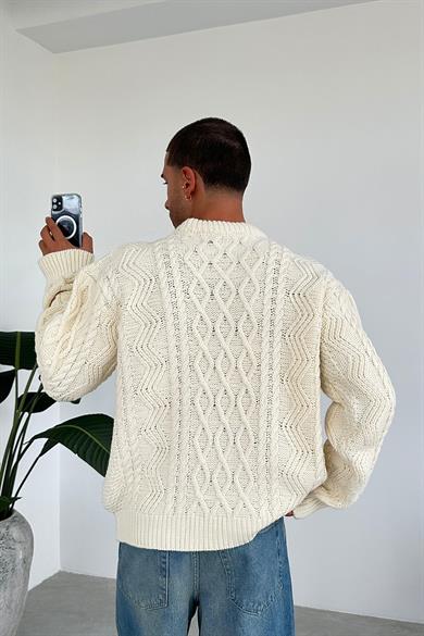 Krem Örgü Desen Oversize Triko Kazak