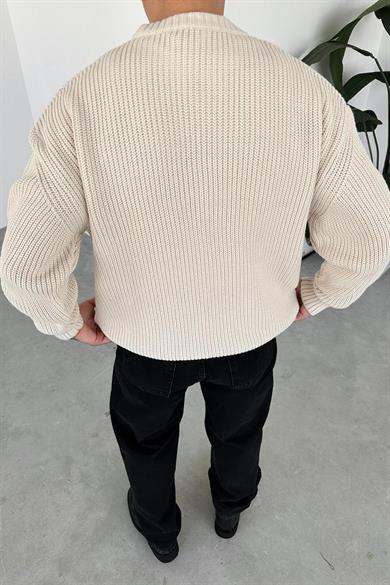 Krem Örme Desen Oversize Triko Kazak