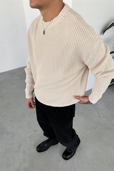Krem Örme Desen Oversize Triko Kazak