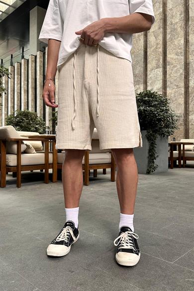 Krem Örme Detay 13 Keten GO Relaxed Fit Şort