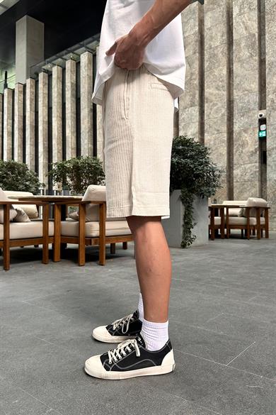 Krem Örme Detay 13 Keten GO Relaxed Fit Şort