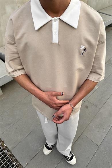 Krem Palmiye Polo Yaka OUTPLENTY PREMİUM Oversize Tişört