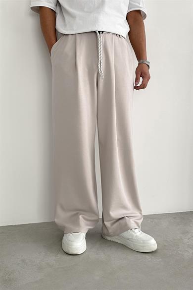 Krem Pile Detay Tensel Kumaş Baggy Pantolon