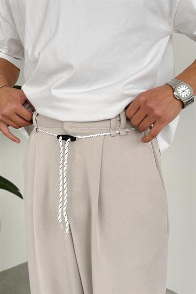 Krem Pile Detay Tensel Kumaş Baggy Pantolon