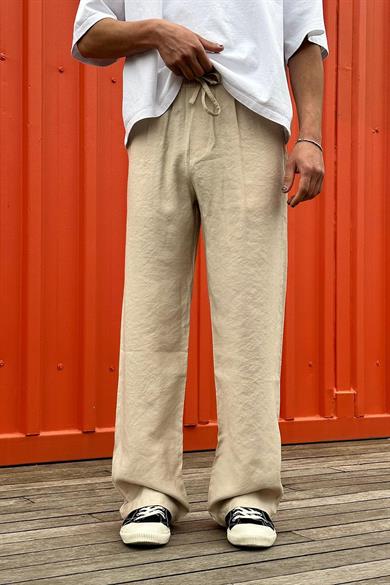 Krem Pile Detaylı Beli Lastikli D2 GO Baggy Pantolon