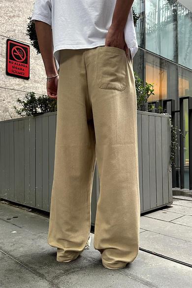 Krem Pile Detaylı Beli Lastikli K3 EE Baggy Pantolon