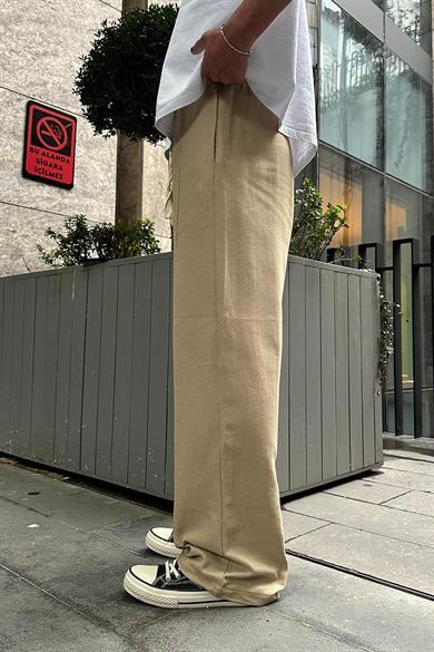 Krem Pile Detaylı Beli Lastikli K3 EE Baggy Pantolon