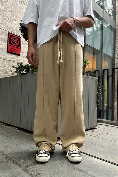 Krem Pile Detaylı Beli Lastikli K3 EE Baggy Pantolon