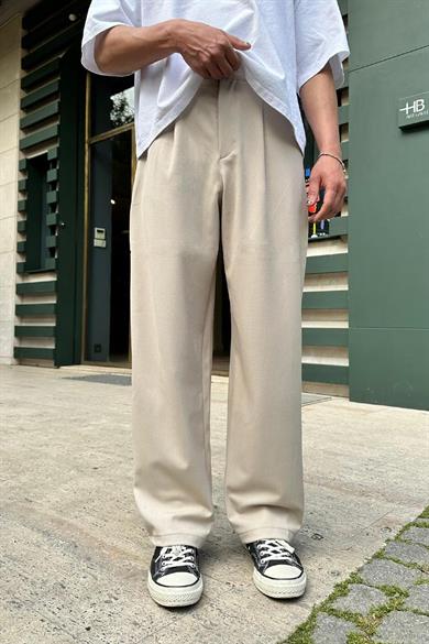 Krem Pileli Basic Kumaş DAD Baggy Pantolon