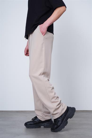 Krem Pileli Beli Lastikli Kumaş EL Baggy Pantolon