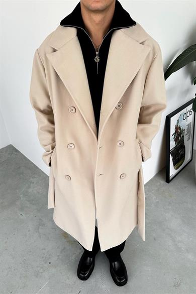 Krem Premium Basic Kemerli Kaşe Kaban
