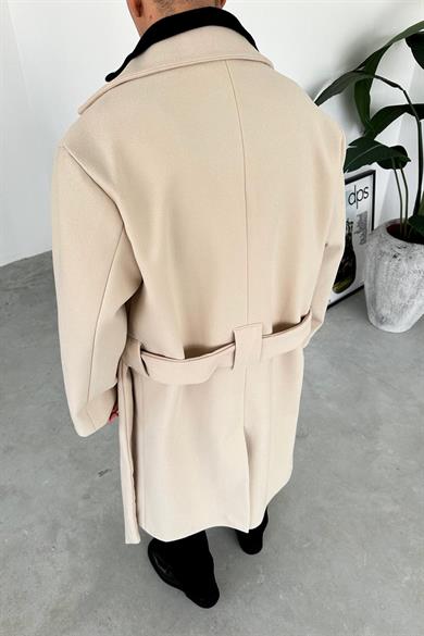 Krem Premium Basic Kemerli Kaşe Kaban