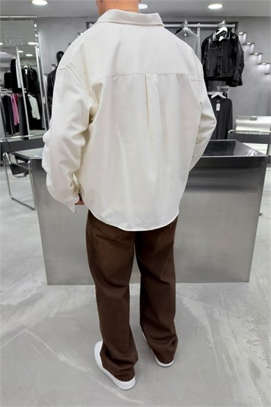 Krem Premium Combat Nakışlı Oversize Gömlek