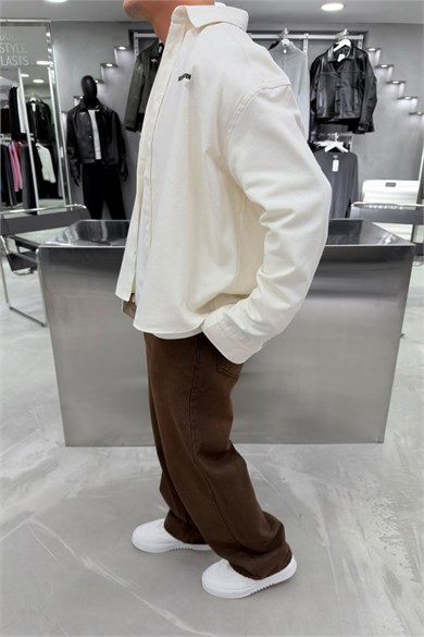 Krem Premium Combat Nakışlı Oversize Gömlek