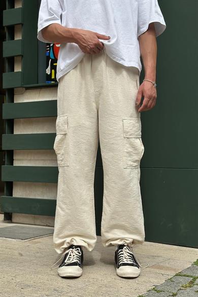 Krem Premium Etnik Desen Kargo Cepli 01 GO Paçası Ayarlanabilir Baggy Pantolon