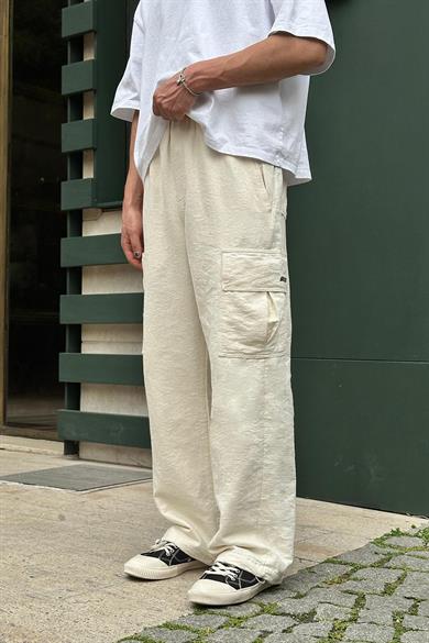 Krem Premium Etnik Desen Kargo Cepli 01 GO Paçası Ayarlanabilir Baggy Pantolon