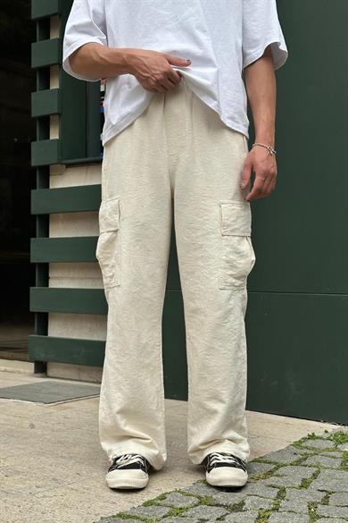 Krem Premium Etnik Desen Kargo Cepli 01 GO Paçası Ayarlanabilir Baggy Pantolon
