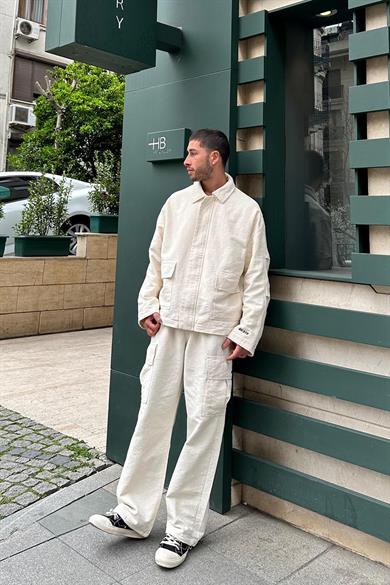 Krem Premium Etnik Desenli 01 GO Oversize Ceket