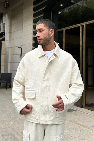 Krem Premium Etnik Desenli 01 GO Oversize Ceket