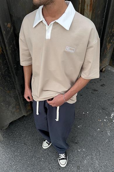 Krem Reaven Polo Yaka OUTPLENTY PREMİUM Oversize Tişört