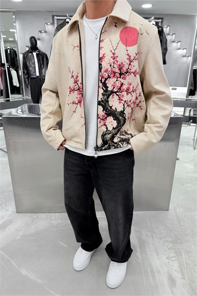 Krem Red Sun Blossom Premium Baskılı Tasarım Ceket