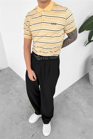 Krem Retro Çizgili Regular Polo Yaka Tişört