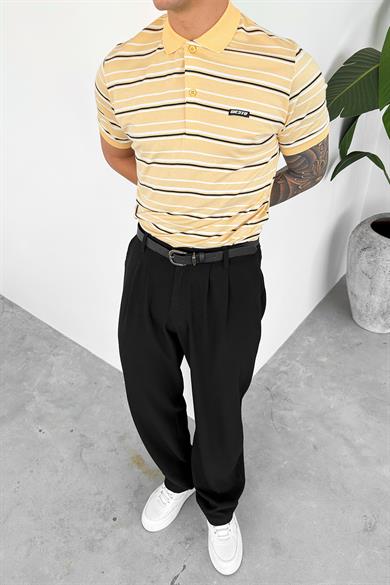 Krem Retro Çizgili Regular Polo Yaka Tişört