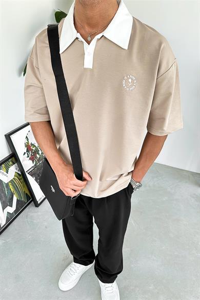 Krem Rose Polo Yaka OUTPLENTY PREMİUM Oversize Tişört