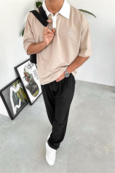 Krem Rose Polo Yaka OUTPLENTY PREMİUM Oversize Tişört