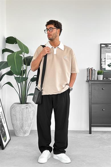 Krem Rose Polo Yaka OUTPLENTY PREMİUM Oversize Tişört