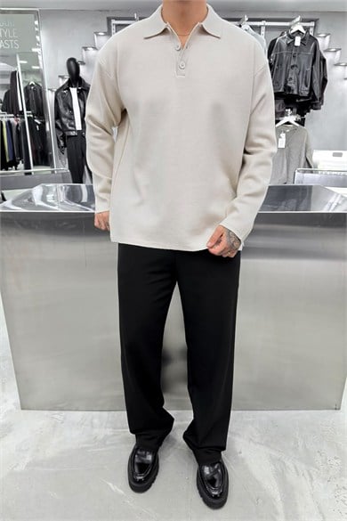 Krem Soft Premium Oversize Triko Polo Yaka Kazak