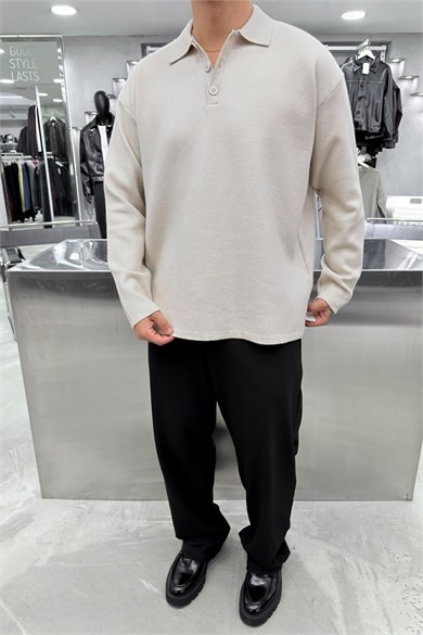 Krem Soft Premium Oversize Triko Polo Yaka Kazak