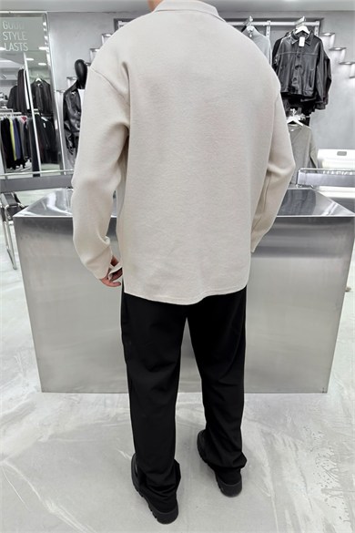 Krem Soft Premium Oversize Triko Polo Yaka Kazak