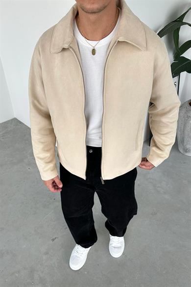 Krem Süet Kumaş Basic Relaxed Ceket