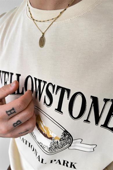 Krem Yellow Stone Baskılı Oversize Tişört