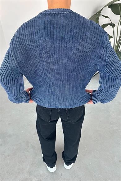 Lacivert Acid Wash Fitilli Oversize Triko Kazak