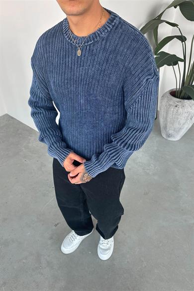 Lacivert Acid Wash Fitilli Oversize Triko Kazak