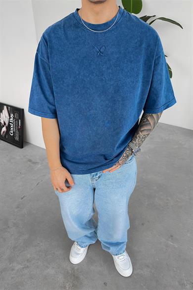 Lacivert Acid Wash Nakışlı Oversize Tişört