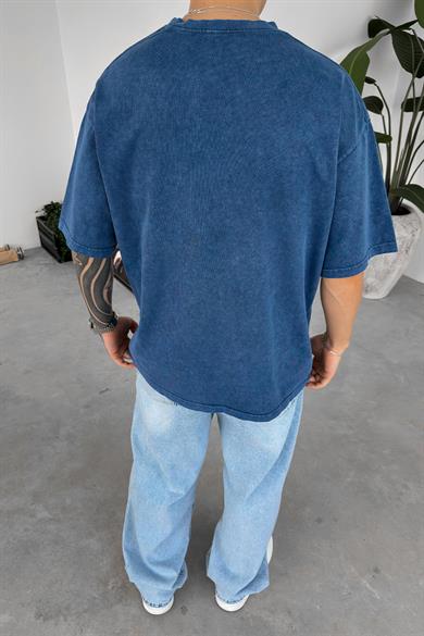 Lacivert Acid Wash Nakışlı Oversize Tişört