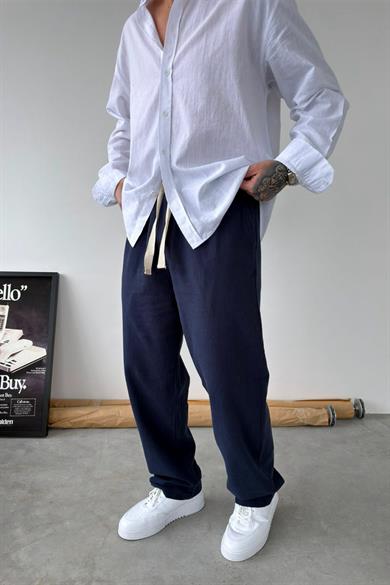 Lacivert Baggy Keten Pantolon