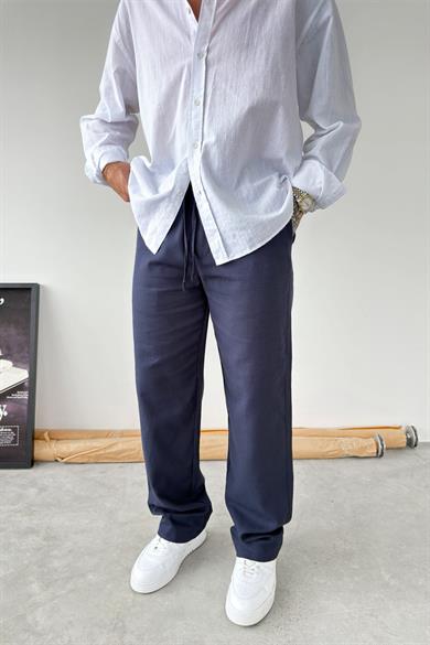 Lacivert Baggy Keten Pantolon
