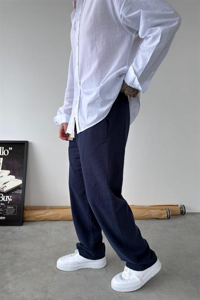 Lacivert Baggy Keten Pantolon