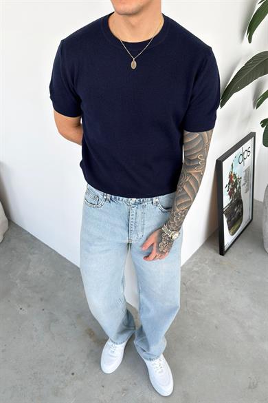 Lacivert Basic Bisiklet Yaka Triko Relaxed Tişört