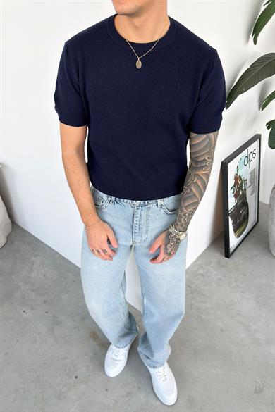 Lacivert Basic Bisiklet Yaka Triko Relaxed Tişört